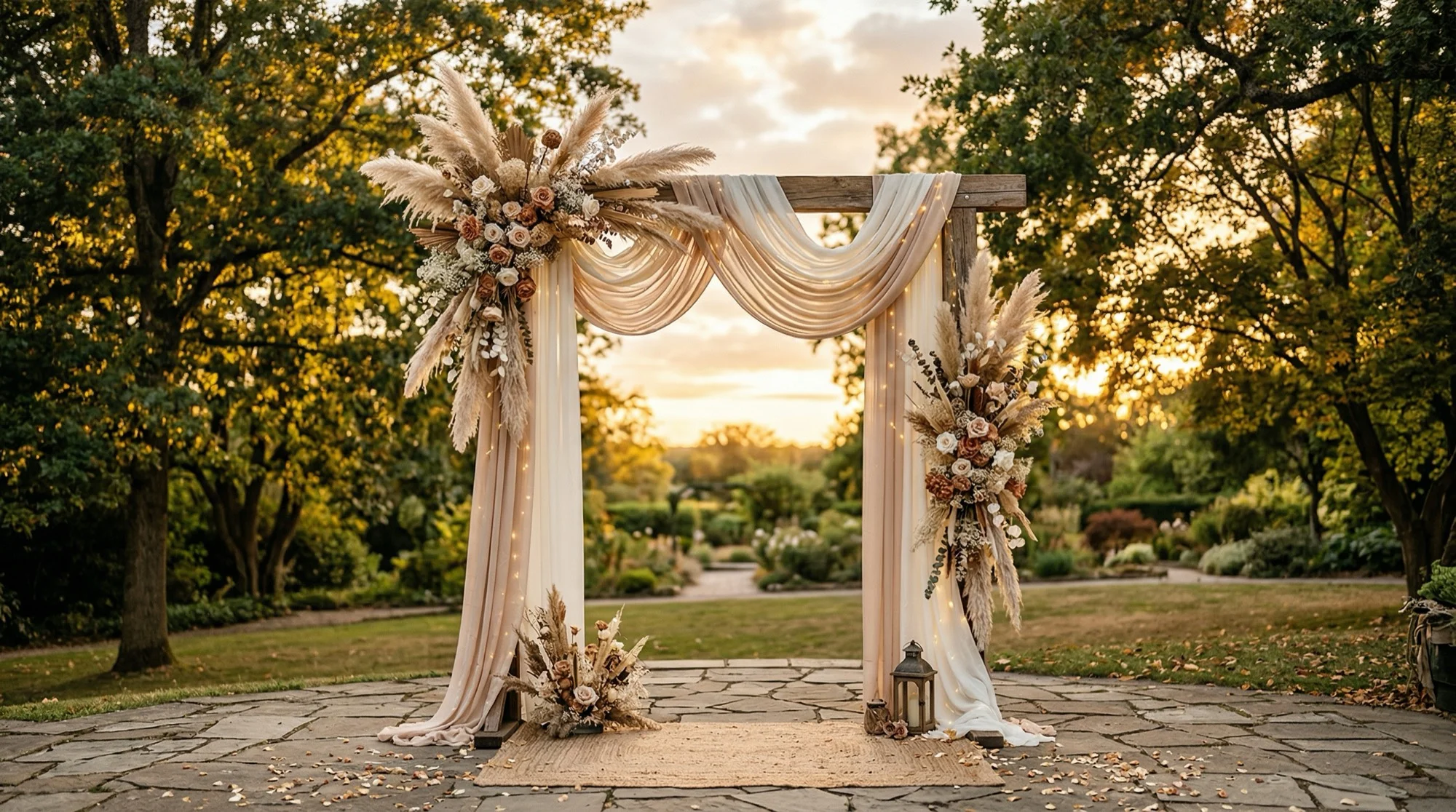 Rustykalny łuk boho z trawą pampasową o zachodzie słońca