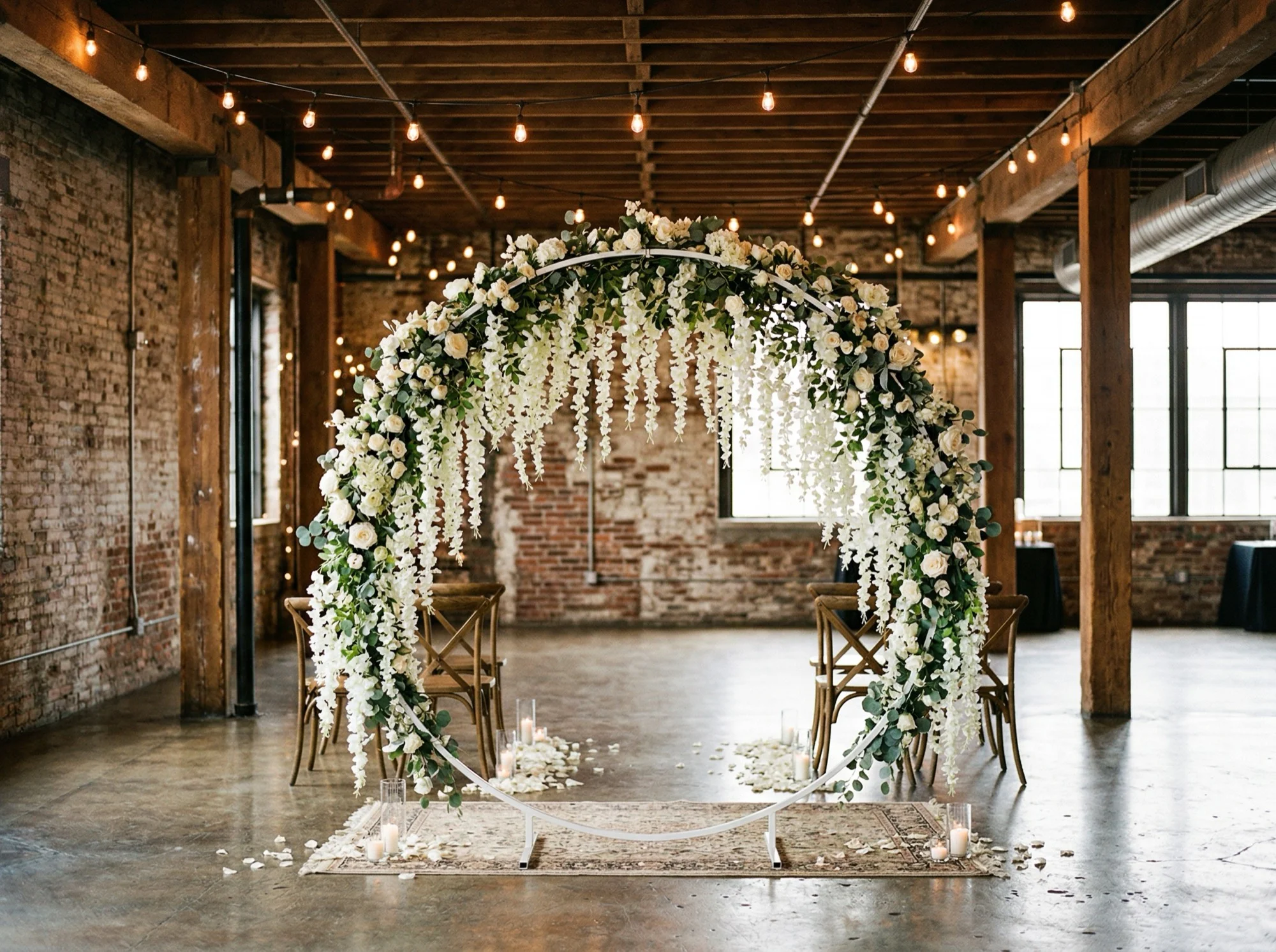 Łuk z białą wisterią w loftowej przestrzeni