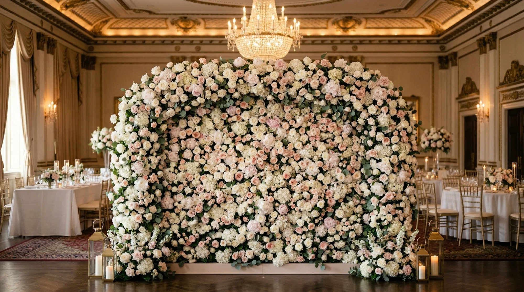 Elegancka ścianka kwiatowa z białych i różowych róż w luksusowej sali balowej